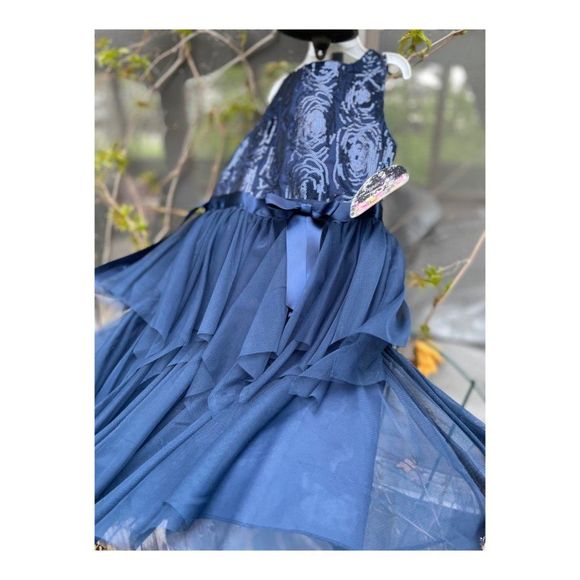 Dark Blue Party Tank Dress Sequins Handkerchief Tiered Hemline Sz 7 Youth - Picture 11 of 13